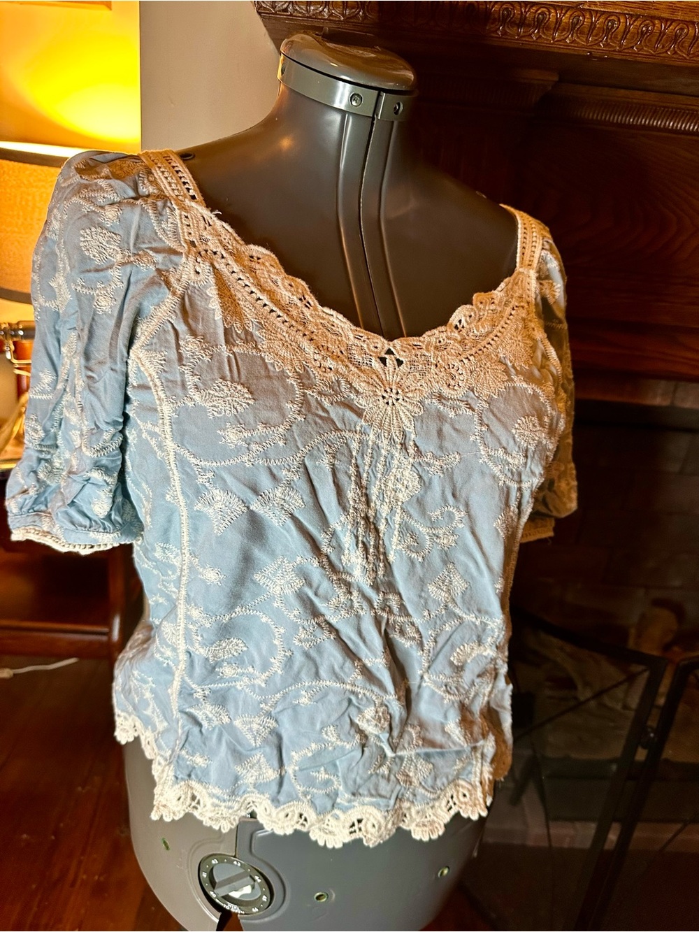Democracy Light Blue Embroidered Lace-Trim Blouse